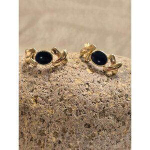 VTG Pierced Gold Toned Black Glass Post Earrings Mid Century Modern Stylish